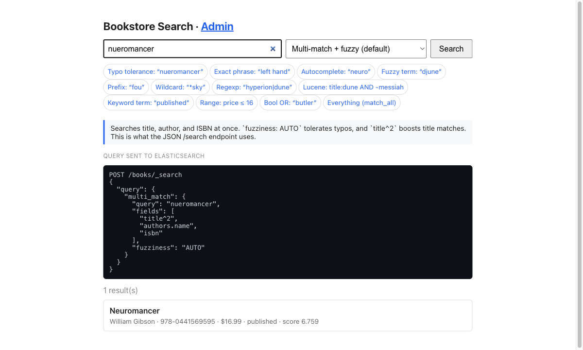 Search page showing fuzzy matching and the underlying Elasticsearch query